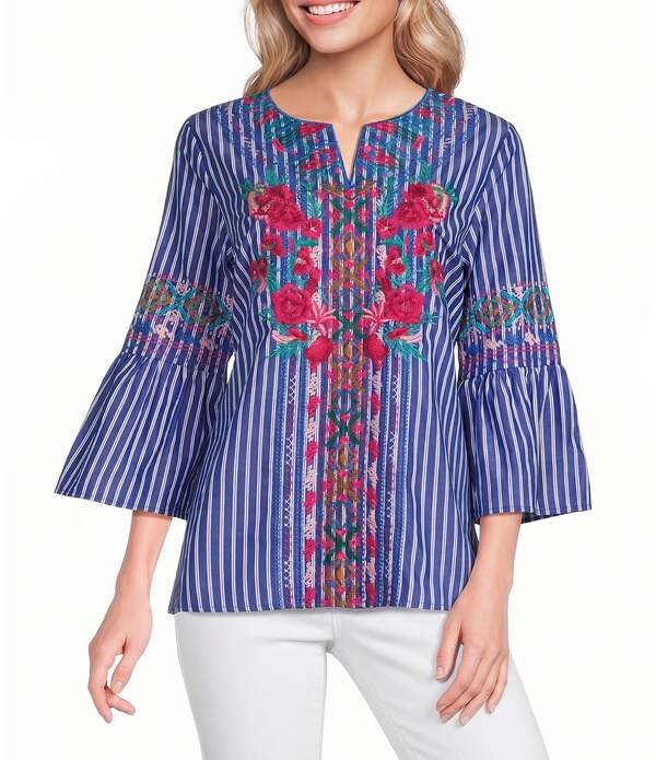カレッサ レディース トップス シャツ 刺繍 Calessa Embroidered Stripe Split Round Neck 3/4 Sleeve Tunic Blue Multi ブルー｜ReVida 店