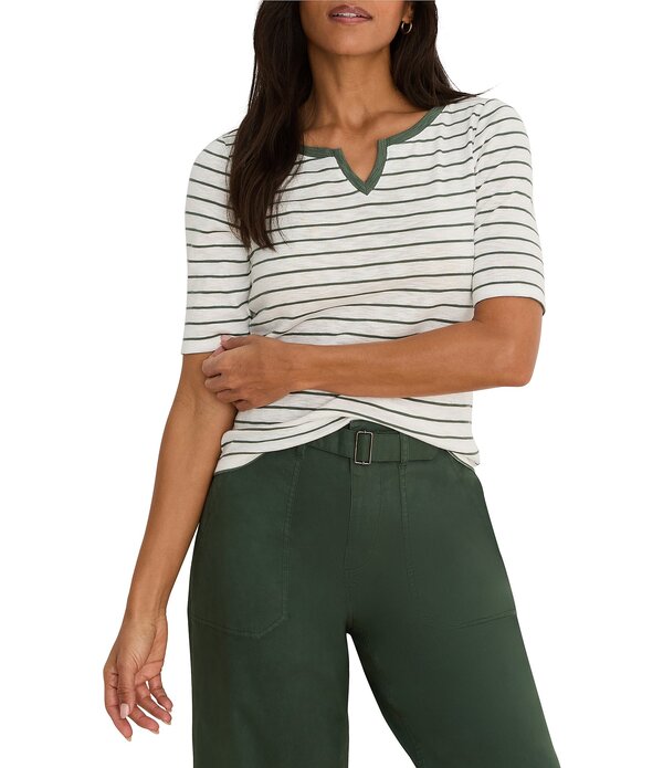 ニックアンドゾー レディース トップス Tシャツ Vネック ニット NIC + ZOE Knit Stripe Notch Split V-Neck Elbow Sleeve Tee Green Multi グリーン｜ReVida 店