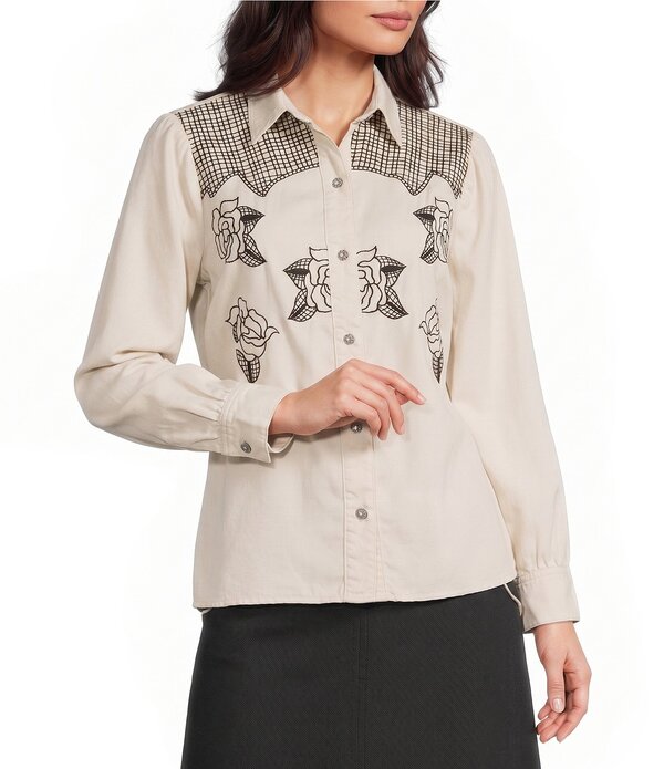 生き肝 レディース トップス プルオーバー 刺しゅう Reba Cassidy Woven Point Collar Long Sleeve Rosembroidered Top Cream 皮膚軟化剤