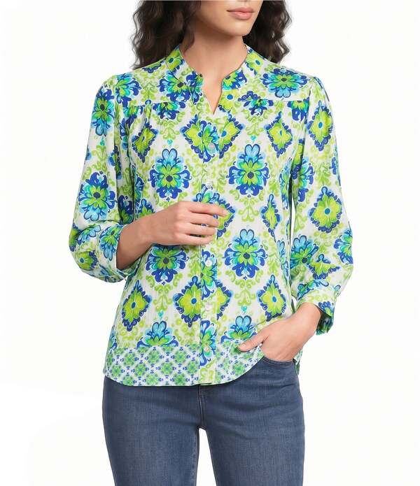 カレッサ レディース トップス カットソー パッチワーク Calessa Woven Border Mosaic Patchwork Split Neck 3/4 Sleeve Tunic Lime Multi 菩提樹