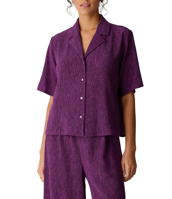 エイリーンフィッシャー レディース トップス プルオーバー Eileen Fisher Crinkle Woven Plisse Notch Collar Elbow Sleeve Button-Front Shirt Berry Bloom