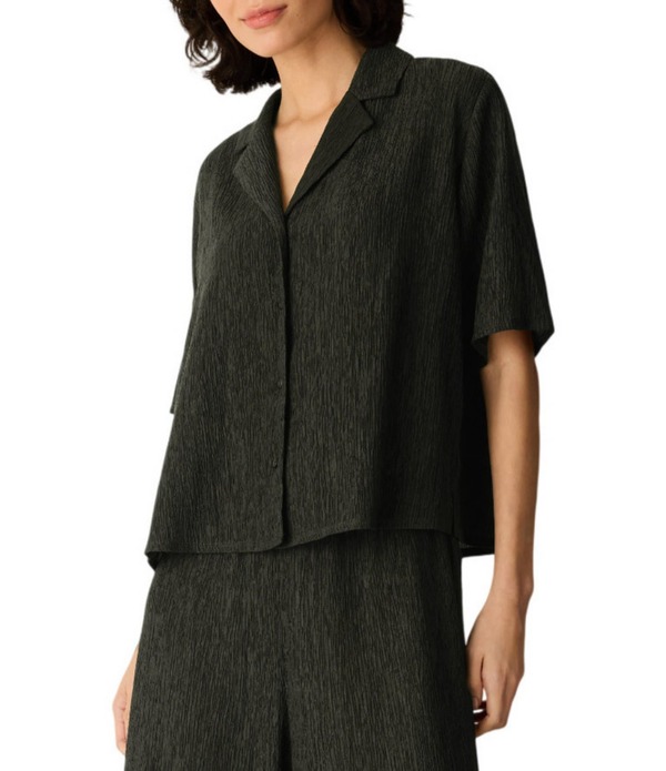 エイリーンフィッシャー レディース トップス プルオーバー Eileen Fisher Crinkle Woven Plisse Notch Collar Elbow Sleeve Button-Front Shirt Seaweed