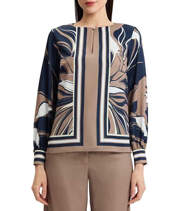 ミンウォン レディース トップス プルオーバー 縮緬 御花柄 刷り上げる トップ 御花 Ming Wang Crepe de Chine Abstract Floral Print Keyhole Neck Long Sleeve Coordinating Blouse Taupe/Indigo/Ivory 象牙色