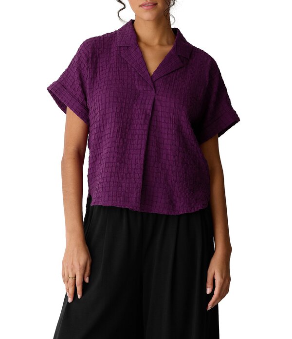 エイリーンフィッシャー レディース トップス プルオーバー Eileen Fisher Lightweight Puckered Textured Airy Notch Collar Short Sleeve Top Berry Bloom
