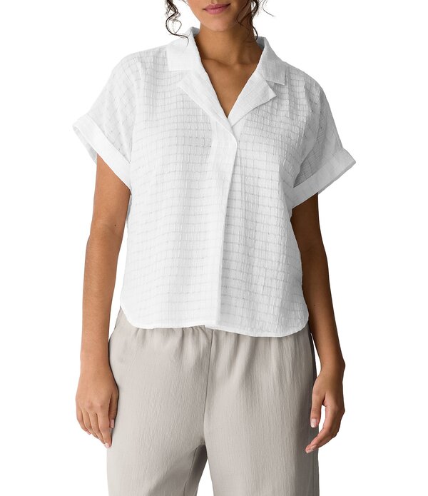 エイリーンフィッシャー レディース トップス プルオーバー Eileen Fisher Lightweight Puckered Textured Airy Notch Collar Short Sleeve Top White 白いこと