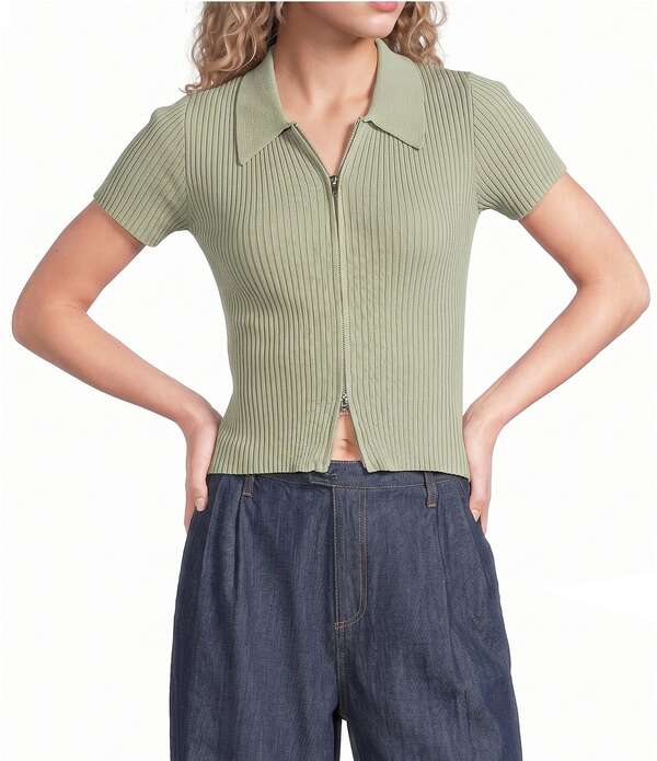 ブルーペッペーブルーペッパー レディース トップス シャツ ニット Blu Pepper Knit Colla red Short Sleeve Front Zip Top Light Olive オリーブ｜ReVida 店