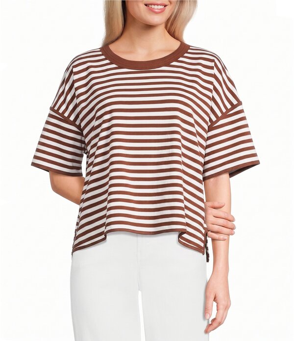 エモリー パーカー レディース トップス シャツ クルーネック Emory Park Striped Crew Neck Short Sleeve Oversized Tee Brown/Ivory アイボリー｜ReVida 店