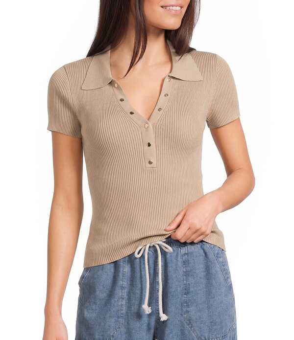 ブルーペッペーブルーペッパー レディース トップス シャツ ニット Blu Pepper Short Sleeve Snap Front Knitop Khaki カーキ｜ReVida 店