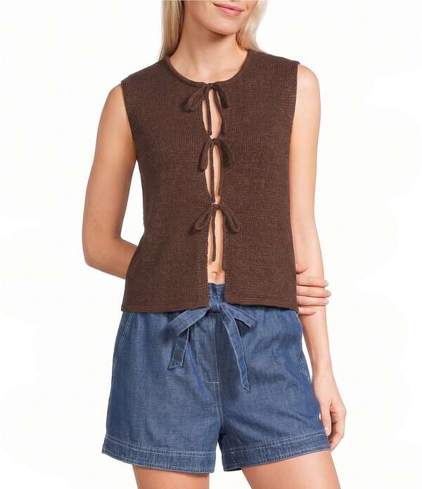 ブルーペッペーブルーペッパー レディース トップス シャツ ノースリーブ カーディガン ニット Blu Pepper Tie Front Sleeveless Knit Cardigan Brown ブラウン|ReVida 店