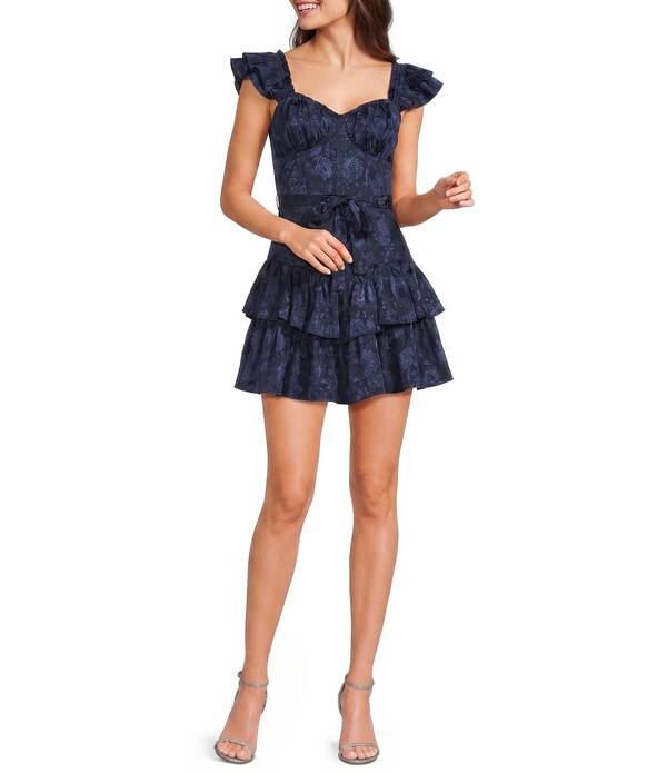 ミッドナイト ドール レディース トップス ワンピース フラワー柄 プリント フリル ミニ フラワー Midnight Doll Textu red Floral Printed Jacquard Ruffled Tie Front Mini Dress Navy ネイビー|ReVida 店