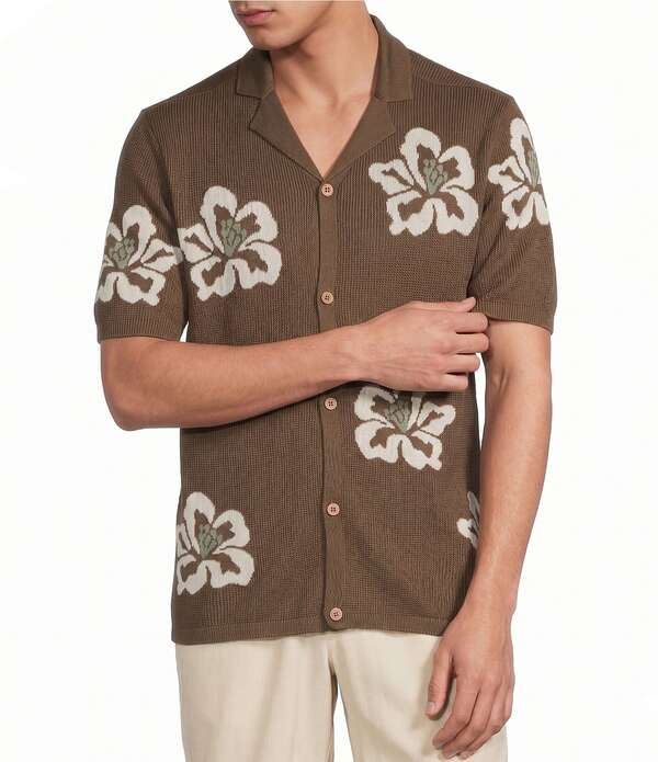 ラウン メンズ トップス シャツ セーター ニット Rowm Short Sleeve Jacquard Button Front Sweater Knit Shirtaupe トープ｜ReVida 店