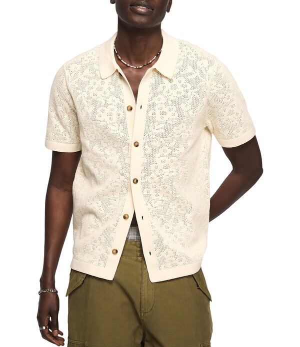 ラッキーブランド メンズ アウター ニット・セーター レース Lucky Brand Intarsia Lace Short Sleeve Sweater Whitecap Gray グレー｜ReVida 店