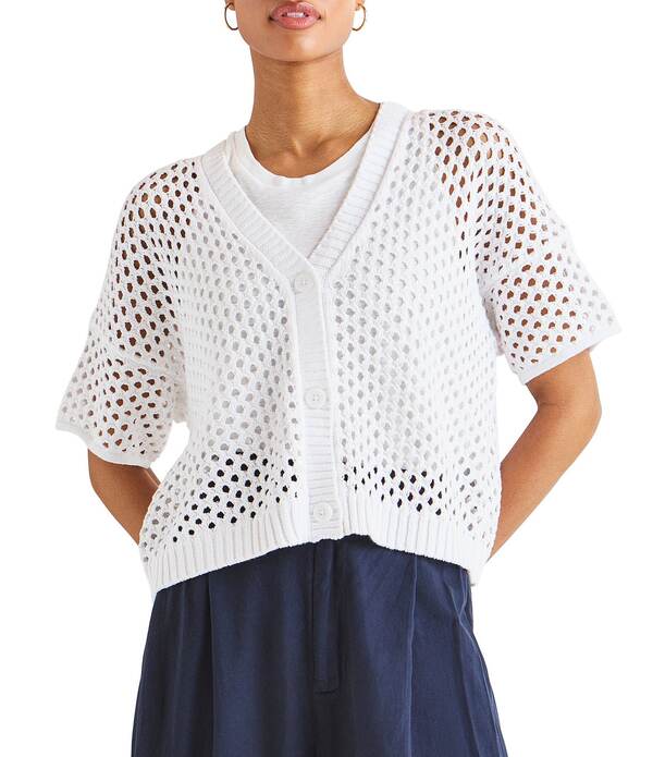 スプレンディット レディース アウター ニット・セーター Vネック カーディガン Splendid Nova Pointelle Knit V-Neck Short Sleeve Cardigan White ホワイト|ReVida 店