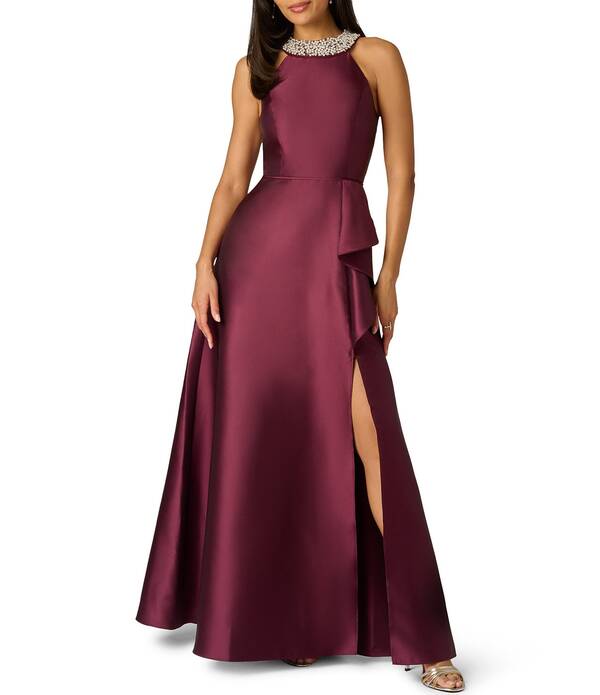 アドリアナ パペル レディース トップス ワンピース A ライン フリル ホルター Adrianna Papell Embellished Halter Neck Ruffle Mikado A-Line Gown Deep Wine ワイン|ReVida 店
