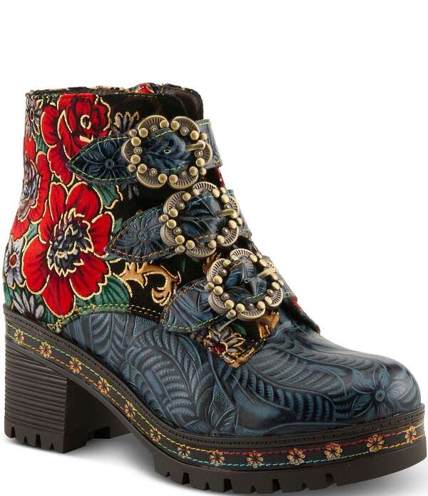 ラリティステ レディース シューズ ブーツ・レインブーツ フラワー柄 刺繍 レザー フラワー L'ARTISTE Brazza Floral Embossed Leather and Embroide red Faux Fur Lined Buckle Straps Booties Navy Multi ネイビー|ReVida 店