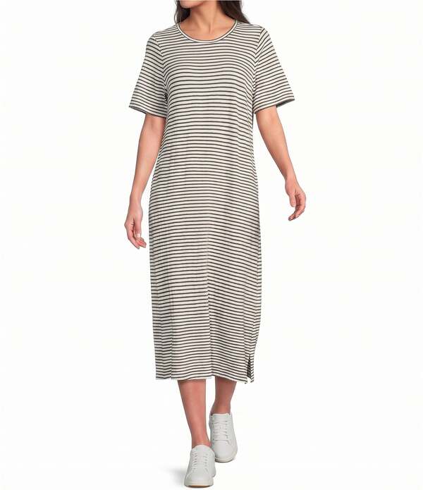 エイリーンフィッシャー レディース トップス ワンピース クルーネック コットン Eileen Fisher Striped Organicotton Slub Crew Neck Short Sleeve Dress Olive オリーブ｜ReVida 店