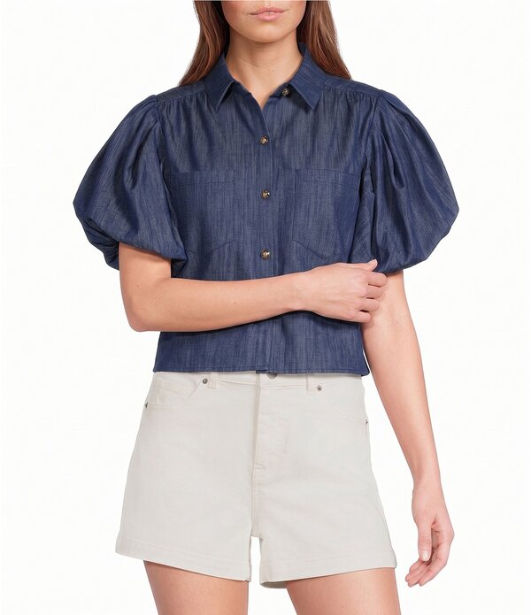 エーラブズエー レディース トップス シャツ A Loves A Colla red Short Bubble Sleeve Button Front Woven Top Dark Denim デニム｜ReVida 店