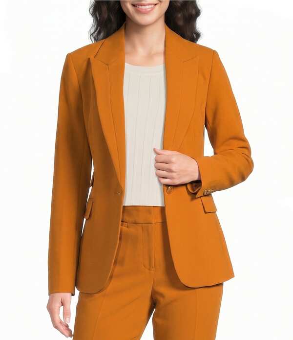 カール ラガーフェルド レディース アウター コート ジャケット KARLAGERFELD PARIS Woven Polish Suiting Notch Lapelong Sleeve Jacket Sienna|ReVida 店