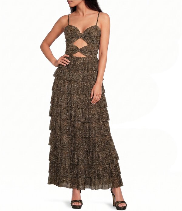 ジャンビニ レディース トップス ワンピース A ライン ミディ トール ノースリーブ Gianni Bini Grace Metallic Leopard Sweetheart Neck Sleeveless A-Line Midi Dress Leopard アニマル｜ReVida 店