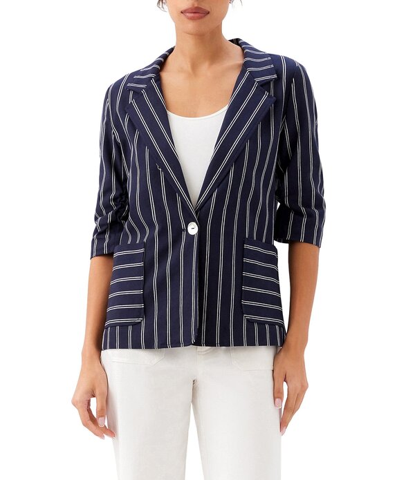 カレンケーン レディース アウター コート ギャザー ジャケット Karen Kane Coordinating Stripe Ruched Sleeve Jacket Navy ネイビー｜ReVida 店
