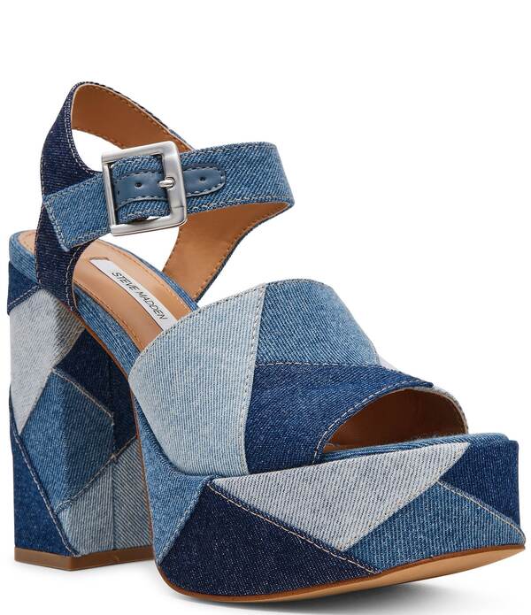 スティーブ マデン レディース シューズ サンダル プラットフォーム パッチワーク デニム ヒール Steve Madden Halea Denim Patchwork Block Heel Platform Sandals Denimulti デニム|ReVida 店
