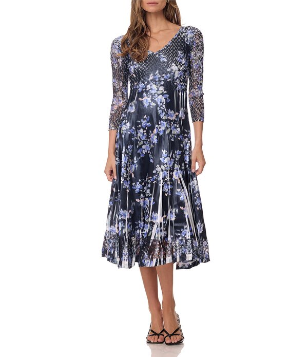 コマロフ レディース トップス ワンピース レーストリム プリント レース Komarov Tea Length Printedress With 3/4 Sleeves and Lace Trim Watercolor Breeze｜ReVida 店