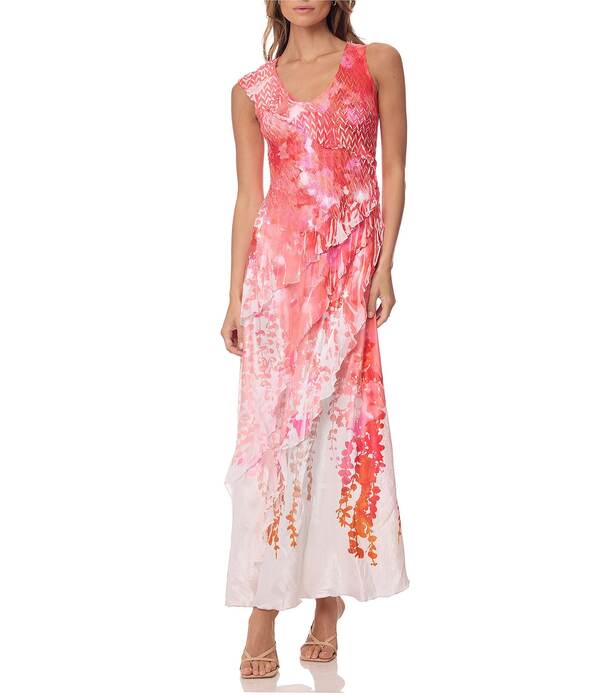 コマロフ レディース トップス ワンピース プリント フリル Komarov Long Printedress With Cascading Ruffle Red Vine レッド｜ReVida 店