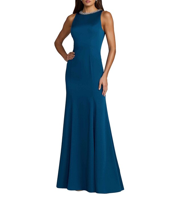 マックダガル レディース トップス ワンピース クルーネック ノースリーブ Mac Duggal Beaded Jeweled Crew Neck Sleevelessheath Gown Ocean Blue ブルー|ReVida 店