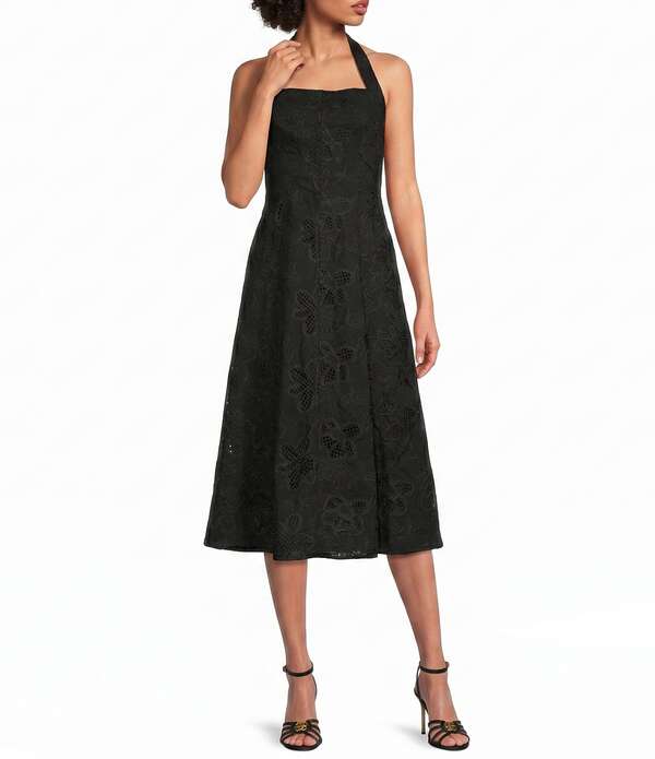 ダナキャラン レディース トップス ワンピース ミディ コットン 刺繍 ホルター Donna Karan Halter Neck Embroide red Cotton Midi Dress Black ブラック|ReVida 店