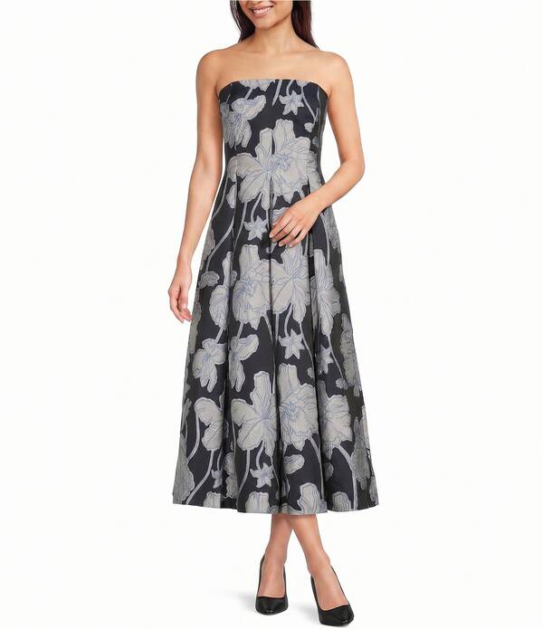 ダナキャラン レディース トップス ワンピース A ライン フラワー柄 ミディ ストラップレス フラワー Donna Karan Strapless Floral Jacquard A Line Midi Dress Nightfall｜ReVida 店