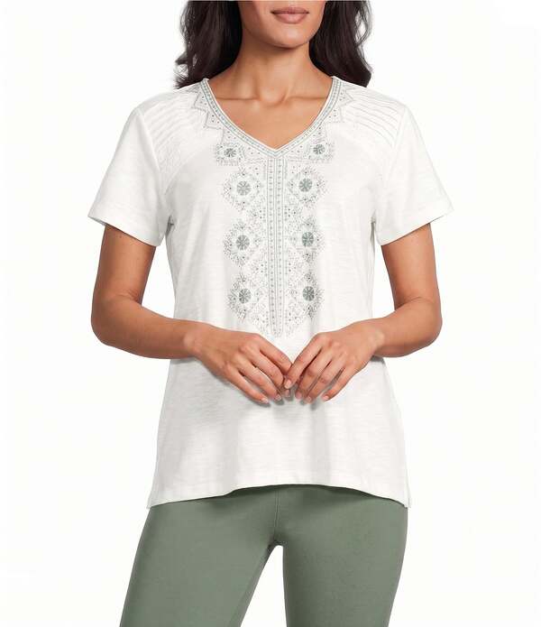 アリソン デイリー レディース トップス シャツ Vネック プチ ニット Allison Daley Petite Size Beaded Embroidery Short Sleeve V-Necknitop Egret｜ReVida 店