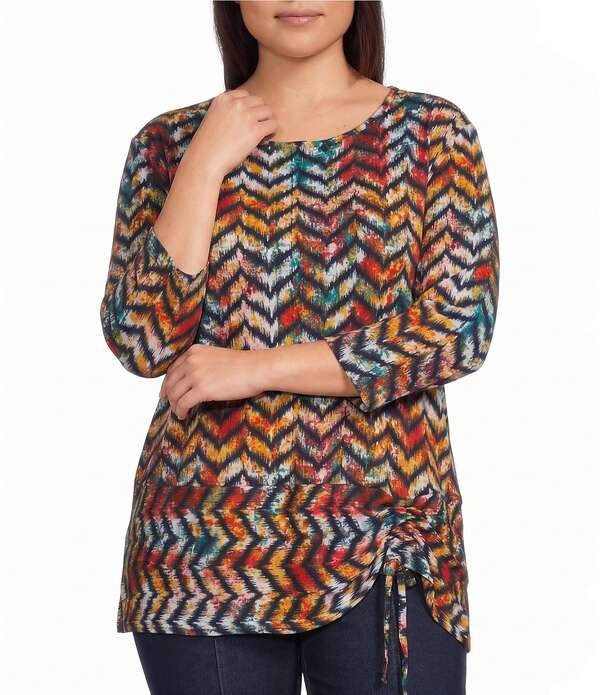 マルチプルズ レディース トップス Tシャツ プラスサイズ プリント ニット Multiples Plusize Slub Knit Chevron Multi Print Scoop Neck 3/4 Sleeve Top Chevron Multi マルチカラー｜ReVida 店