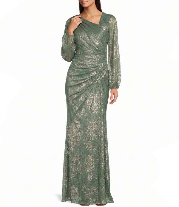 アドリアナ パペル レディース トップス ワンピース アシンメトリー ギャザー ニット Adrianna Papell Foil Novelty Knit Asymmetric Neck Ruched Long Sleeve Dress Matcha Green グリーン|ReVida 店