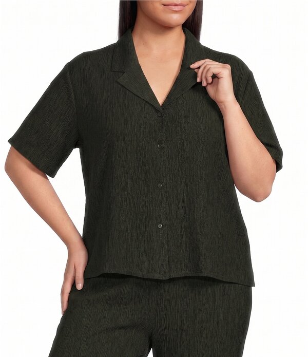 エイリーンフィッシャー レディース トップス シャツ プラスサイズ Eileen Fisher Plusize Crinkle Woven Plisse Notch Collar Elbow Sleeve Button-Front Shirt Seaweed|ReVida 店