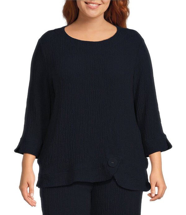 アリ マイルス レディース トップス シャツ プラスサイズ Ali Miles Plusize Woven Round Neck 3/4 Sleeve Button Detail Hem Top Midnight｜ReVida 店