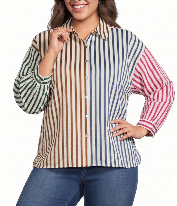 アリ マイルス レディース トップス シャツ プラスサイズ Ali Miles Plusize Yarn Dyed Multi Colo red Stripes Point Collar 3/4 Cuffed Sleeve Button Front Hi-Low Hem Shirt Stripe ストライプ|ReVida 店