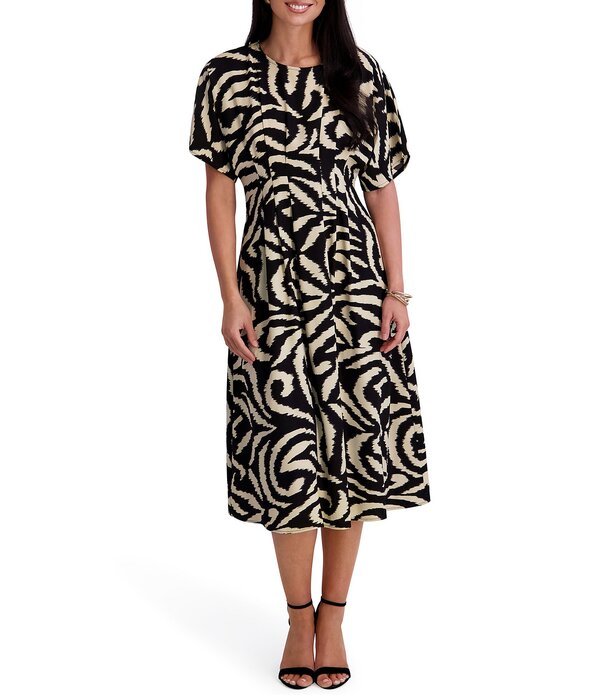 ケンジー レディース トップス ワンピース プリント ミディ Kensie Printed Short Sleeve Midi Dress Black/Khaki ブラック|ReVida 店