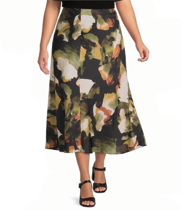 アンクライン レディース ボトムスカート プラスサイズ プリント サテン Anne Klein Plusize Printed Satin Flare Skirt Bay Leaf Multi マルチカラー|ReVida 店