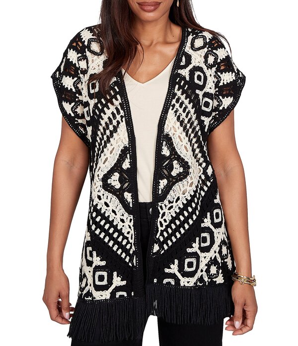 ルビーアールディー レディース アウター ニット・セーター プチ ノースリーブ カーディガン フリンジ Ruby Rd. Petite Size Crochet Intricate Medallion Open Front Sleeveless Fringe Trim Cardigan Black Multi ブラック｜ReVida 店