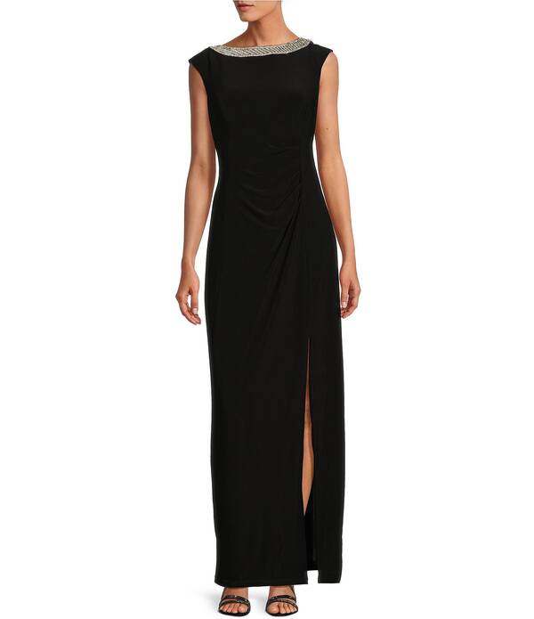 アレックスイブニングス レディース トップス ワンピース クルーネック フロントスリット プチ ノースリーブ Alex Evenings Petite Size Sleeveless Embellished Crew Neck Front Slit Gown Black ブラック|ReVida 店