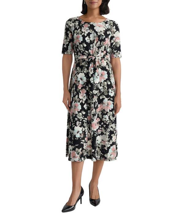 カスパール レディース トップス ワンピース プリント Kasper Fit & Flare Short Sleeve Printedress Black Multi ブラック｜ReVida 店