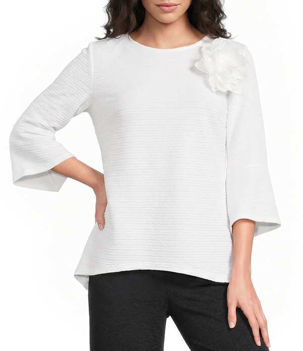 カレッサ レディース トップス カットソー フラワー柄 ニット フラワー Calessa Textu red Knit Floral Applique Round Neck 3/4 High Low Tunic White ホワイト｜ReVida 店