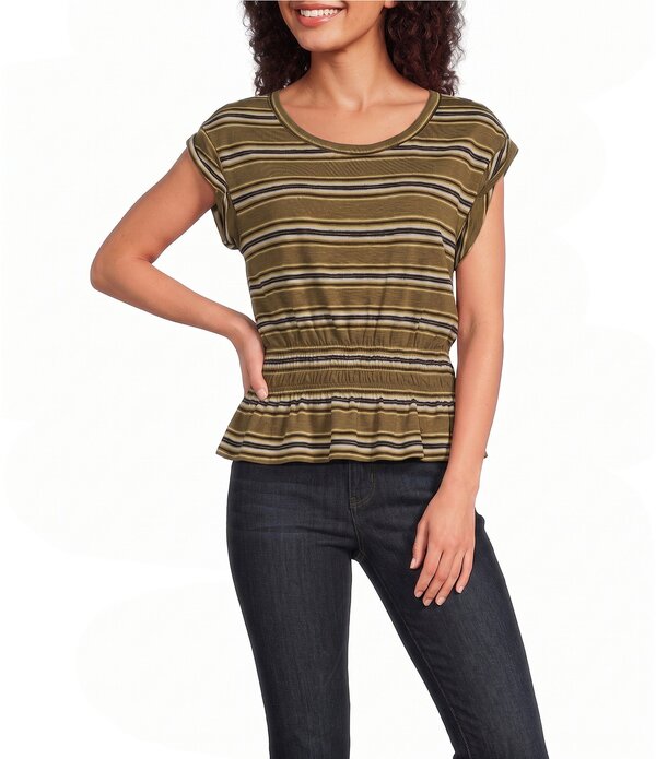 デモクラシー レディース トップス シャツ キャップ ニット Democracy Knit Stipe Scoop Neck Rolled Cap Sleeve Peplum Top Golden Olive Multi オリーブ|ReVida 店