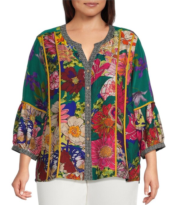 ジョン マーク レディース トップス シャツ Vネック プリント John Mark Woven Mixed All Over Print Banded Split V-Neck 3/4 Lantern Sleeve Button Front Shirt Floral Multi マルチカラー｜ReVida 店