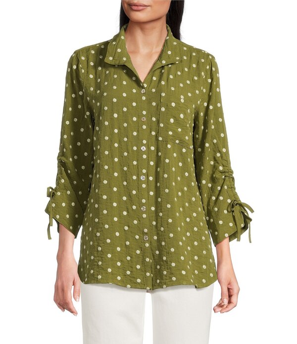ジョン マーク レディース トップス シャツ プリント 刺繍 John Mark Woven Embroideredot Print Wire Collar 3/4 Sleeve Top Olive オリーブ｜ReVida 店