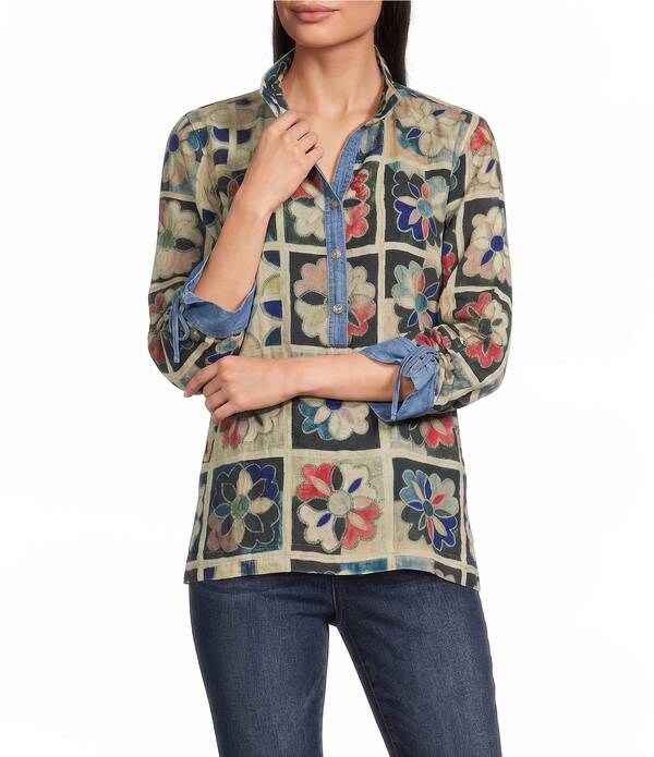 ジョン マーク レディース トップス シャツ プリント パッチワーク John Mark Woven Quilt Patchwork Mix Print Wire Collar 3/4 Sleeve Topatchwork Print｜ReVida 店
