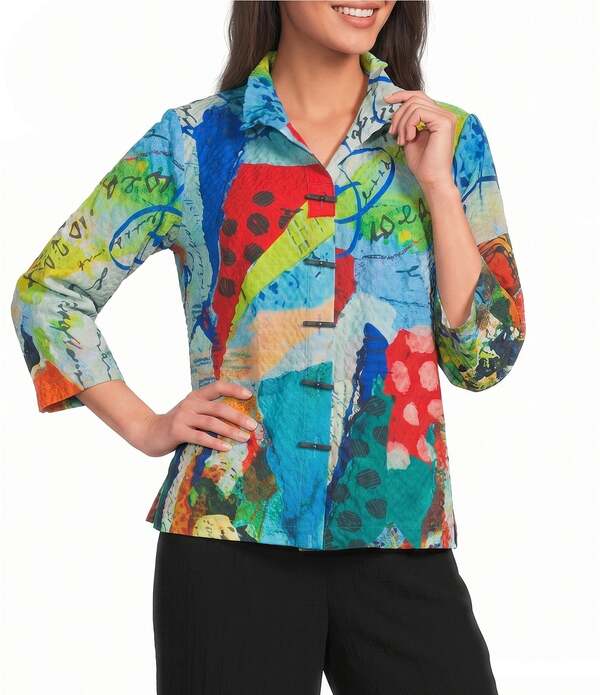 アリ マイルス レディース トップス シャツ プリント Ali Miles Woven Textu red Print Wire Collar 3/4 Sleeve Button Frontop Abstract Multi マルチカラー｜ReVida 店