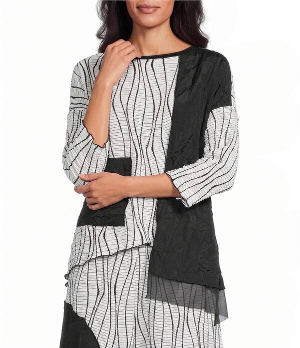 アイシーコレクション レディース トップス シャツ カラーブロック ICollection Textu red Woven Colorblock Wave Stripe Boat Neck 3/4 Sleeve Coordinating Tunic White/Black ホワイト|ReVida 店