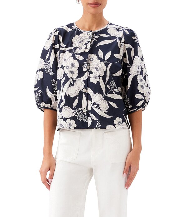 カレンケーン レディース トップス シャツ プリント Karen Kane Coordinating Peony Print Puff Sleeve Button Frontop Navy Floral ネイビー｜ReVida 店