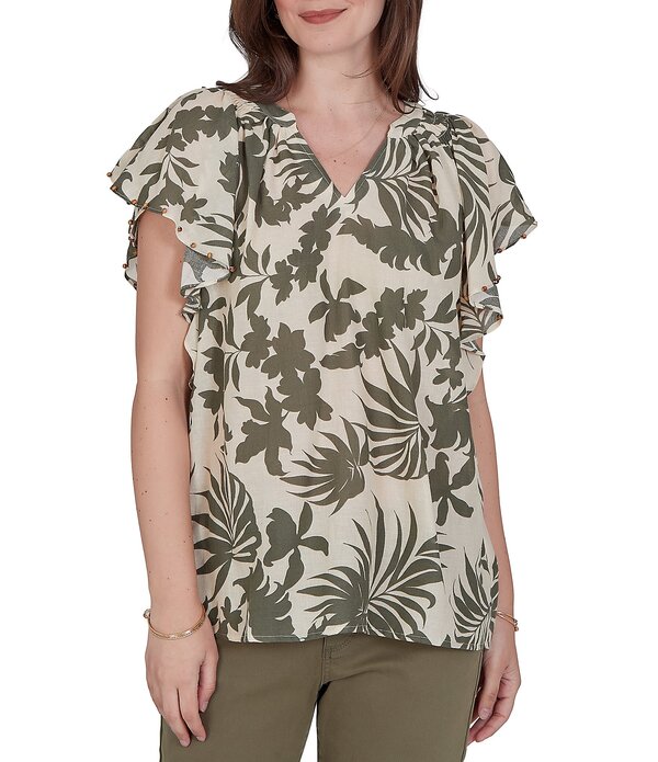 ルビーアールディー レディース トップス シャツ Vネック Ruby Rd. Gauze Stone Multi V-Neck Short Flutter Sleeve Top Stone Multi ストーン｜ReVida 店